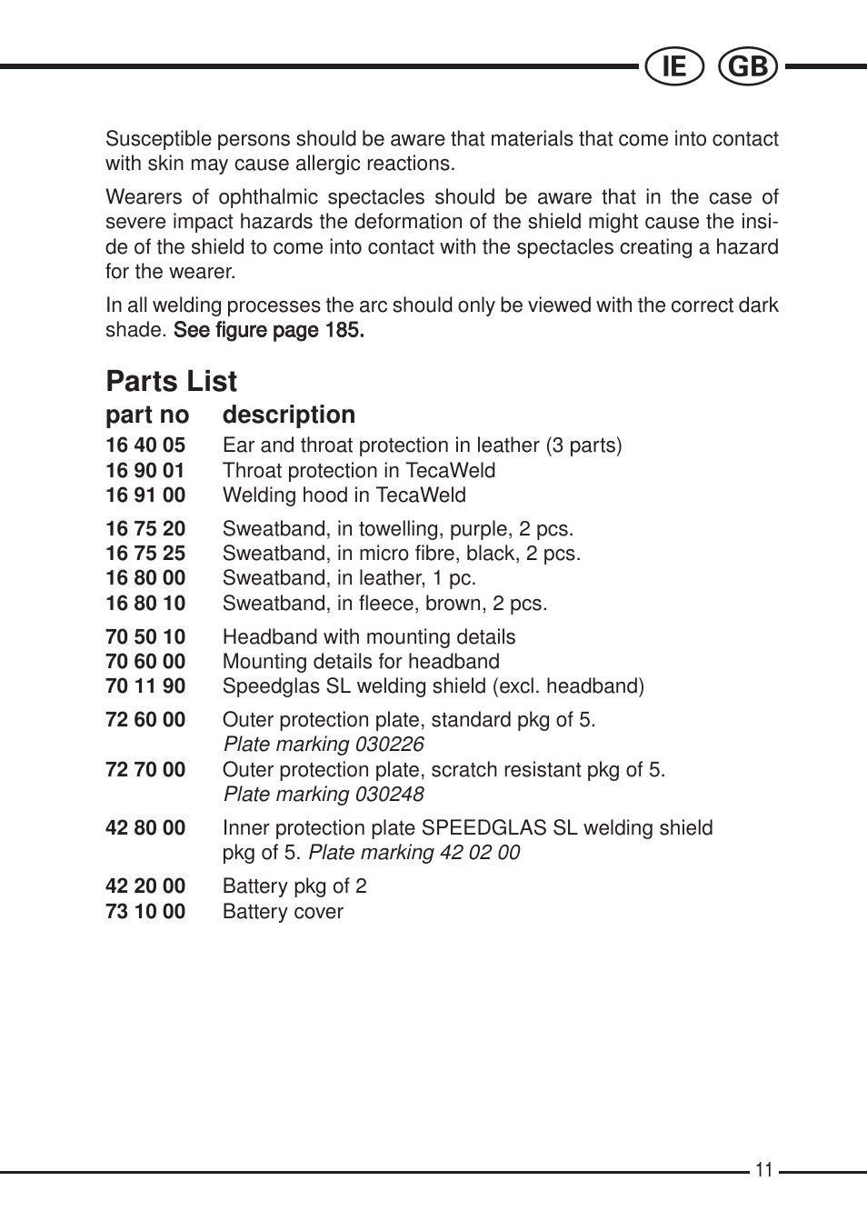 Parts list | 3M SPEEDGLAS SL User Manual | Page 11 / 187
