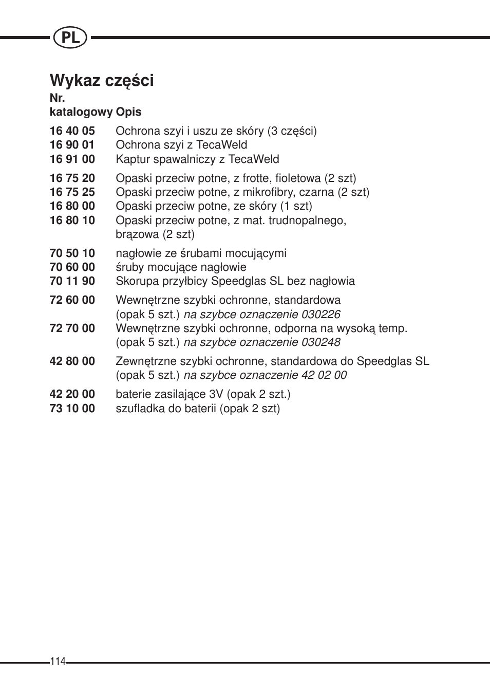 Wykaz czêœci | 3M SPEEDGLAS SL User Manual | Page 114 / 187