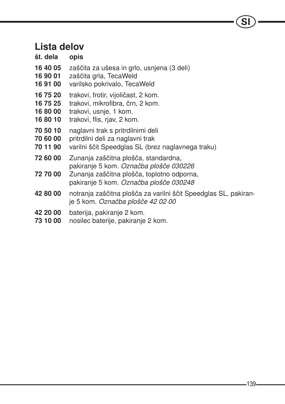 Lista delov | 3M SPEEDGLAS SL User Manual | Page 139 / 187
