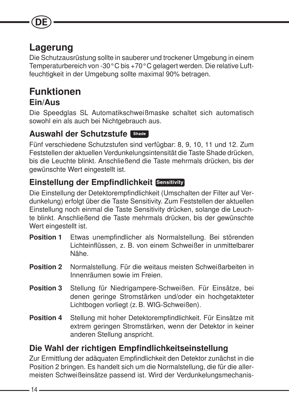 Lagerung, Funktionen | 3M SPEEDGLAS SL User Manual | Page 14 / 187