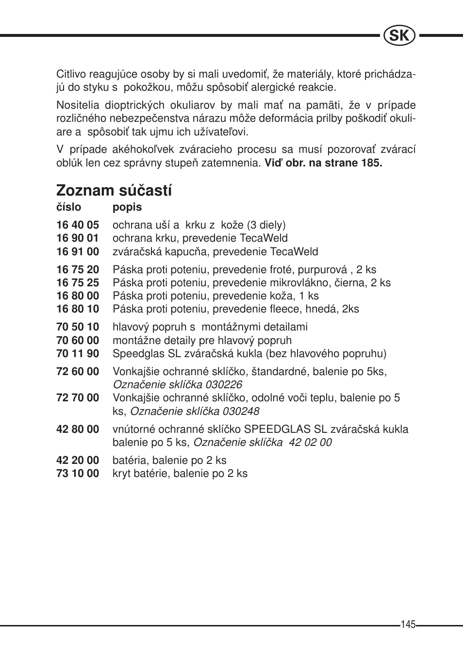 Zoznam súèastí | 3M SPEEDGLAS SL User Manual | Page 145 / 187