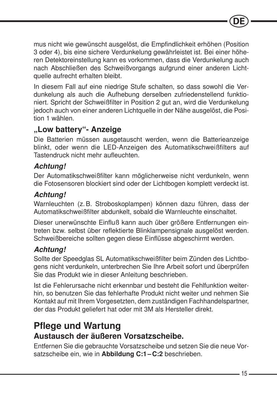 Pflege und wartung | 3M SPEEDGLAS SL User Manual | Page 15 / 187