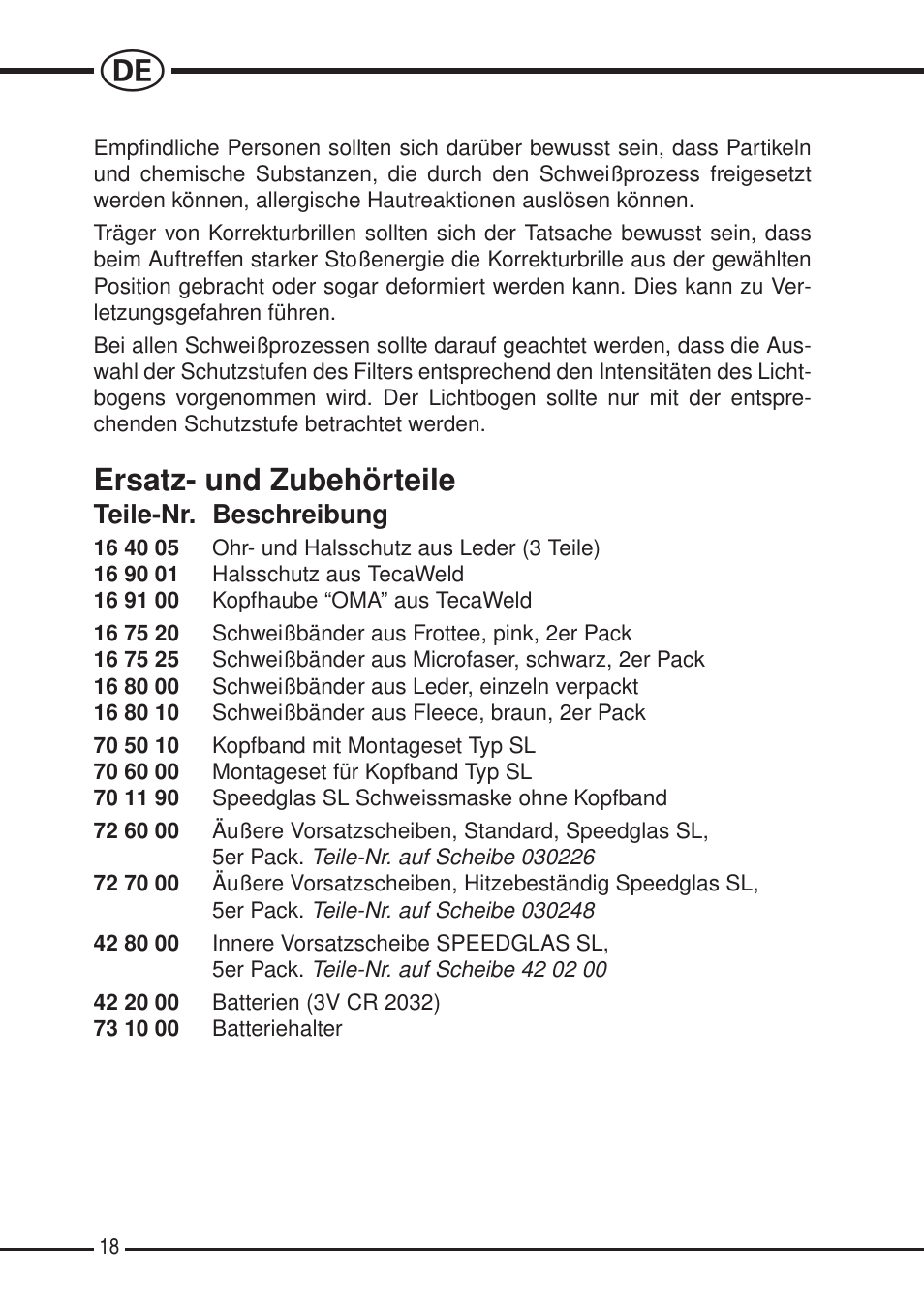 Ersatz- und zubehörteile, Teile-nr. beschreibung | 3M SPEEDGLAS SL User Manual | Page 18 / 187