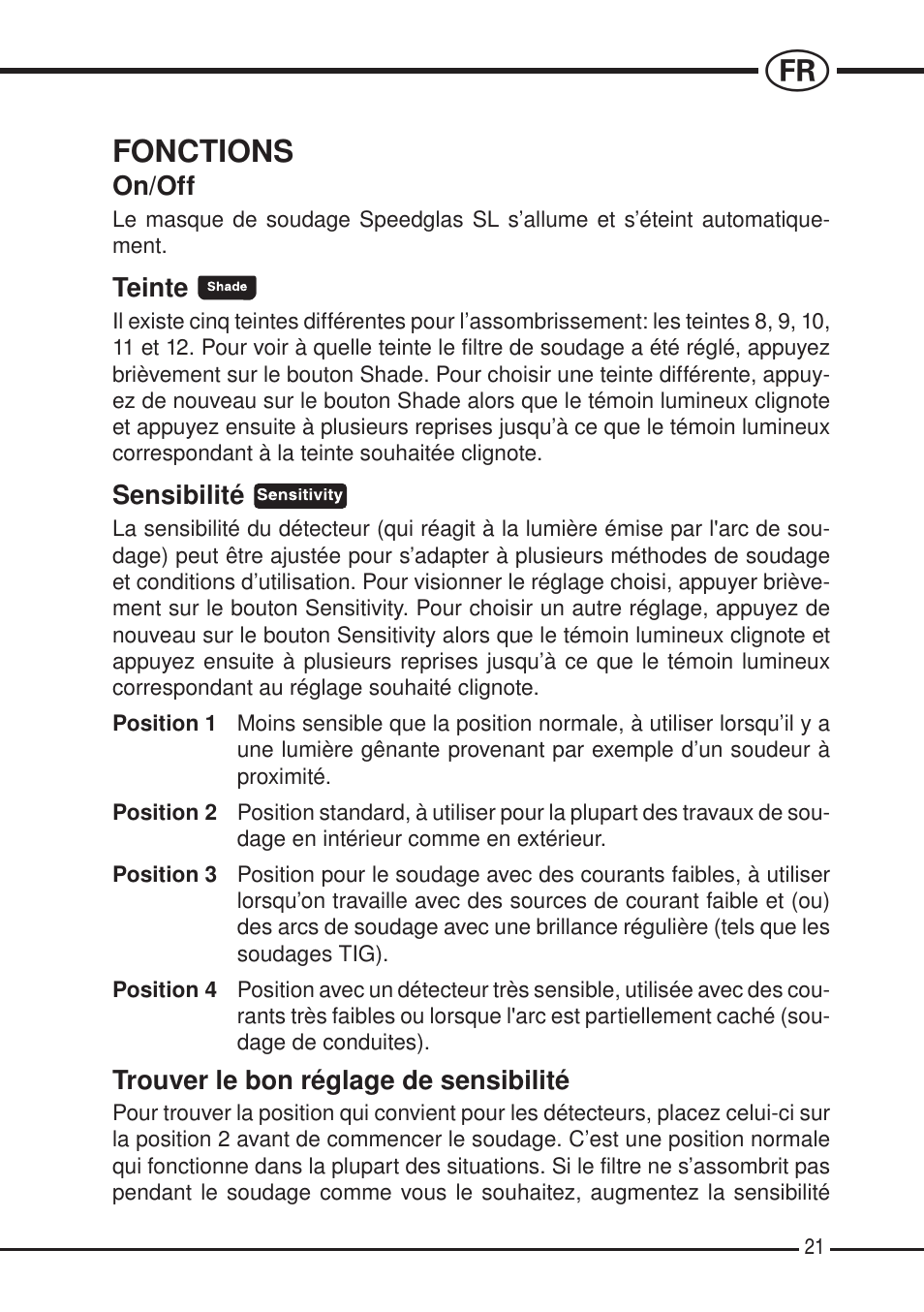 Fonctions | 3M SPEEDGLAS SL User Manual | Page 21 / 187