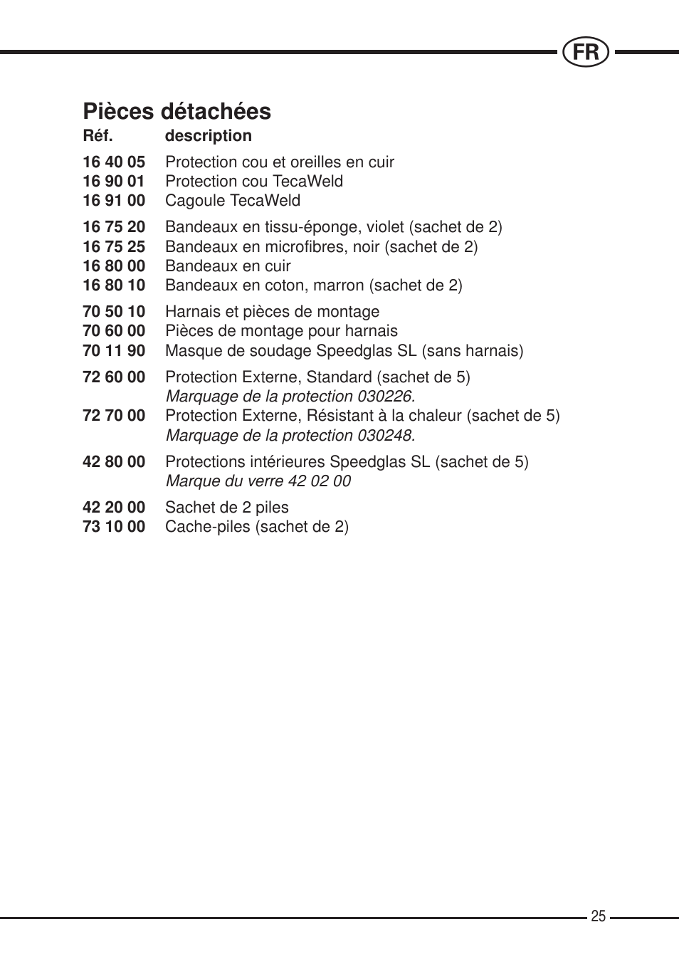 Pièces détachées | 3M SPEEDGLAS SL User Manual | Page 25 / 187