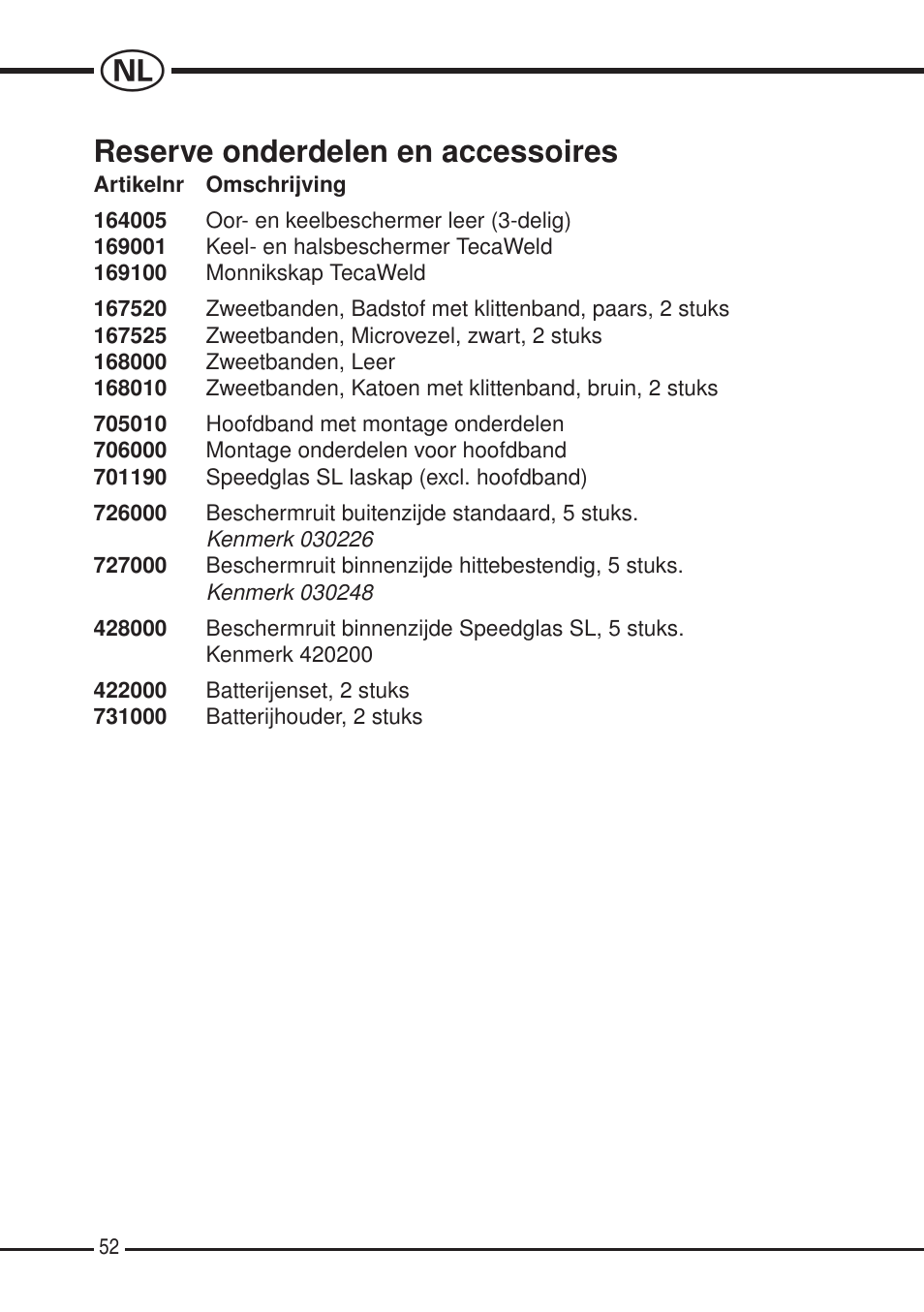 Reserve onderdelen en accessoires | 3M SPEEDGLAS SL User Manual | Page 52 / 187