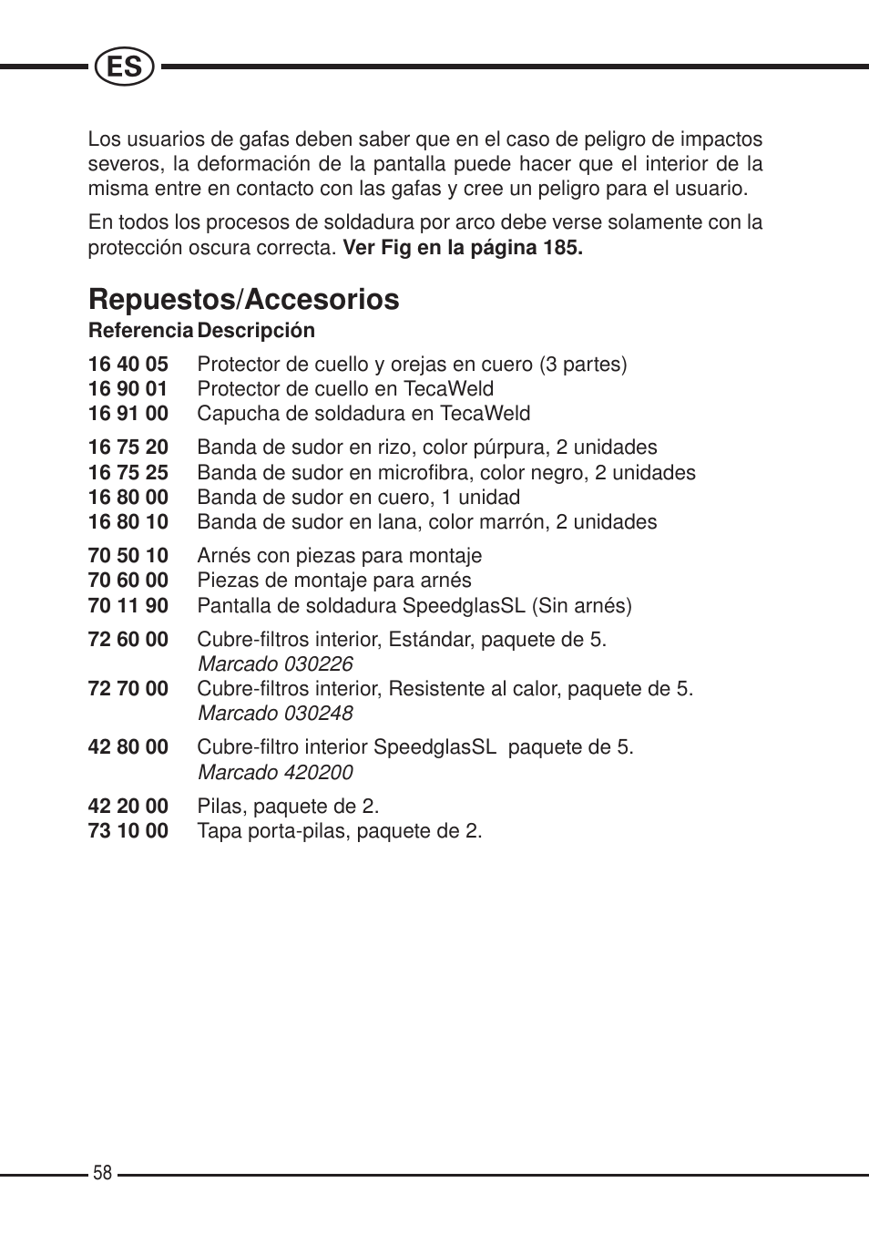 Repuestos/accesorios | 3M SPEEDGLAS SL User Manual | Page 58 / 187
