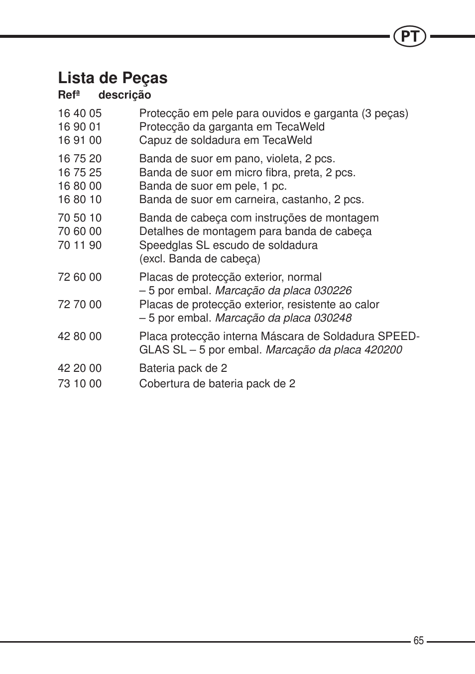 Lista de peças | 3M SPEEDGLAS SL User Manual | Page 65 / 187