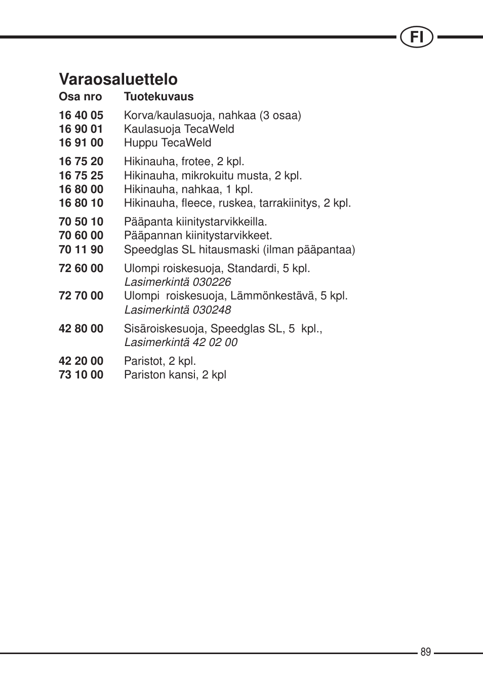 Varaosaluettelo | 3M SPEEDGLAS SL User Manual | Page 89 / 187