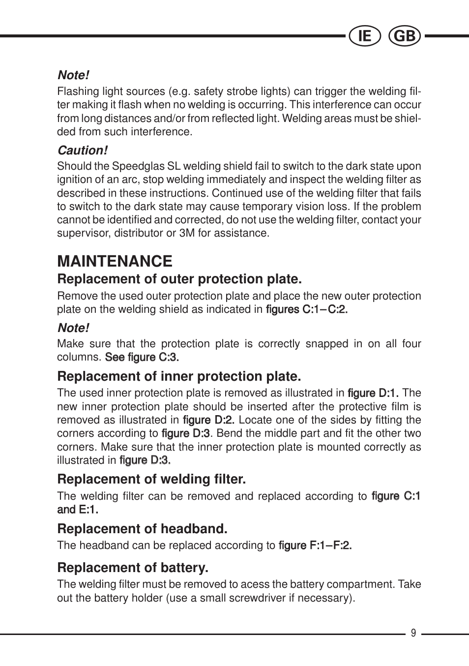 Maintenance, Replacement of outer protection plate, Replacement of inner protection plate | Replacement of welding filter, Replacement of headband, Replacement of battery | 3M SPEEDGLAS SL User Manual | Page 9 / 187