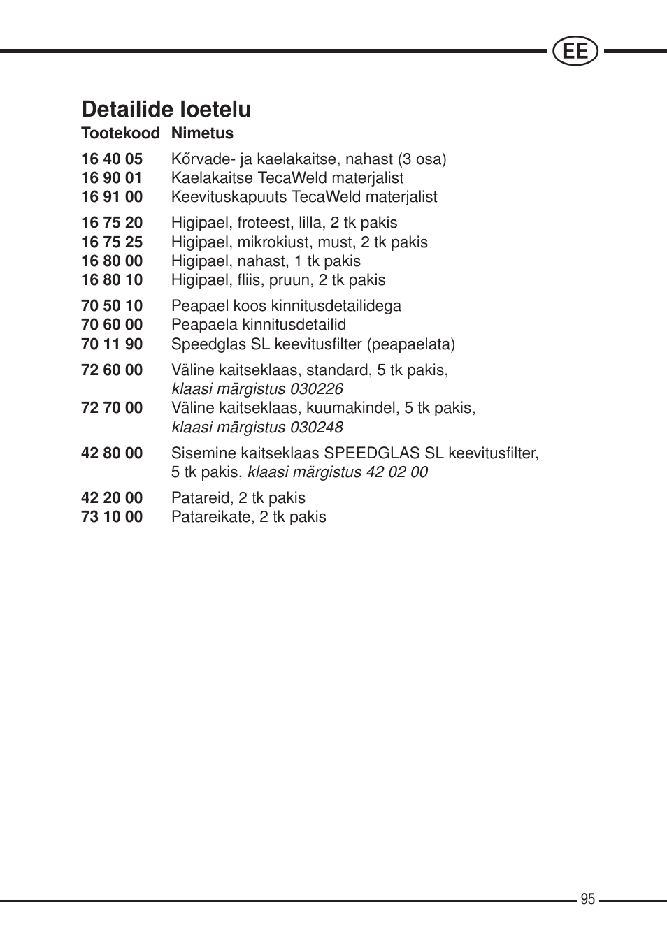 Detailide loetelu | 3M SPEEDGLAS SL User Manual | Page 95 / 187
