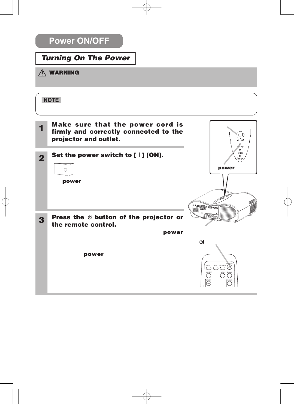 Power on/off, Turning on the power, On/off button | Prepares for turning the power, Standby/on, Set the power switch to [ | ] (on) | 3M H10 User Manual | Page 14 / 45