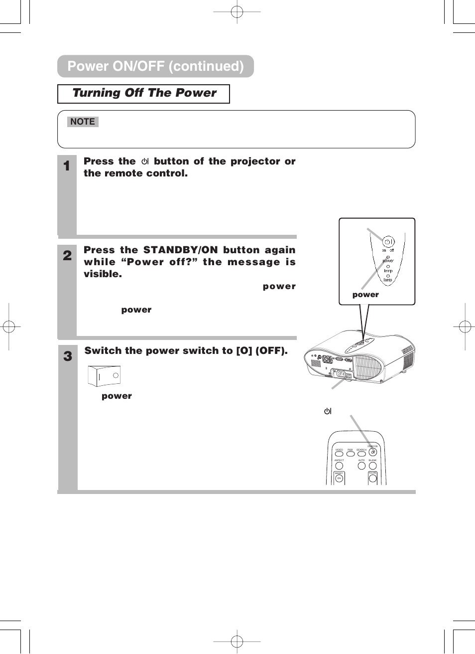 Turning off the power, Power on/off (continued), Switch the power switch to [o] (off) | 3M H10 User Manual | Page 16 / 45