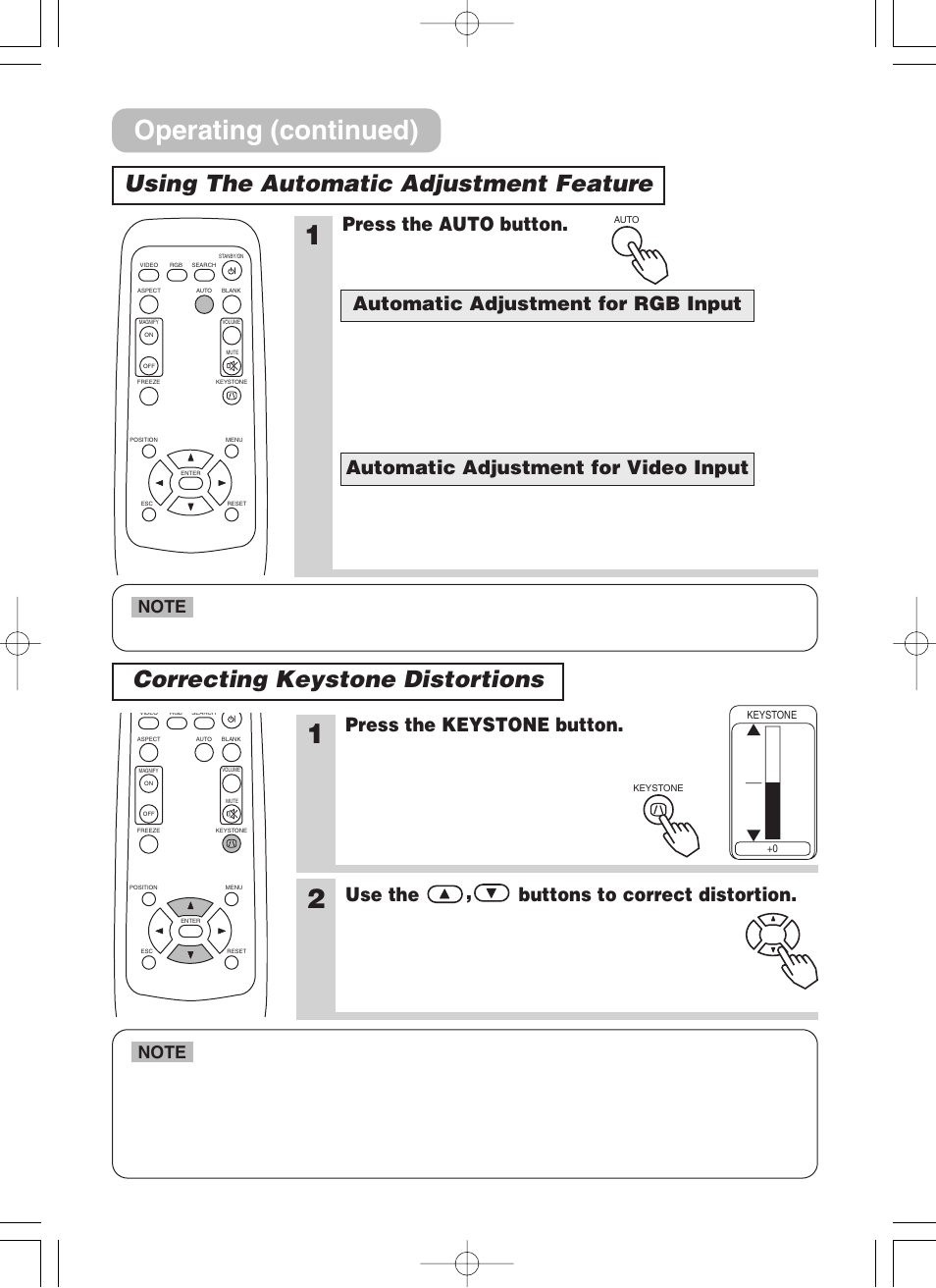 Using the automatic adjustment feature, Correcting keystone distortions, Keystone | Auto button, Operating (continued), Press the auto button, Press the keystone button, Use the , buttons to correct distortion | 3M H10 User Manual | Page 19 / 45