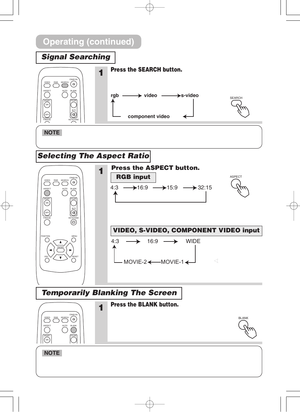 Signal searching, Selecting the aspect ratio, Temporarily blanking the screen | Blank button, Search button, Searches for an input, Aspect button, Operating (continued), Signal searching selecting the aspect ratio, Press the search button | 3M H10 User Manual | Page 21 / 45
