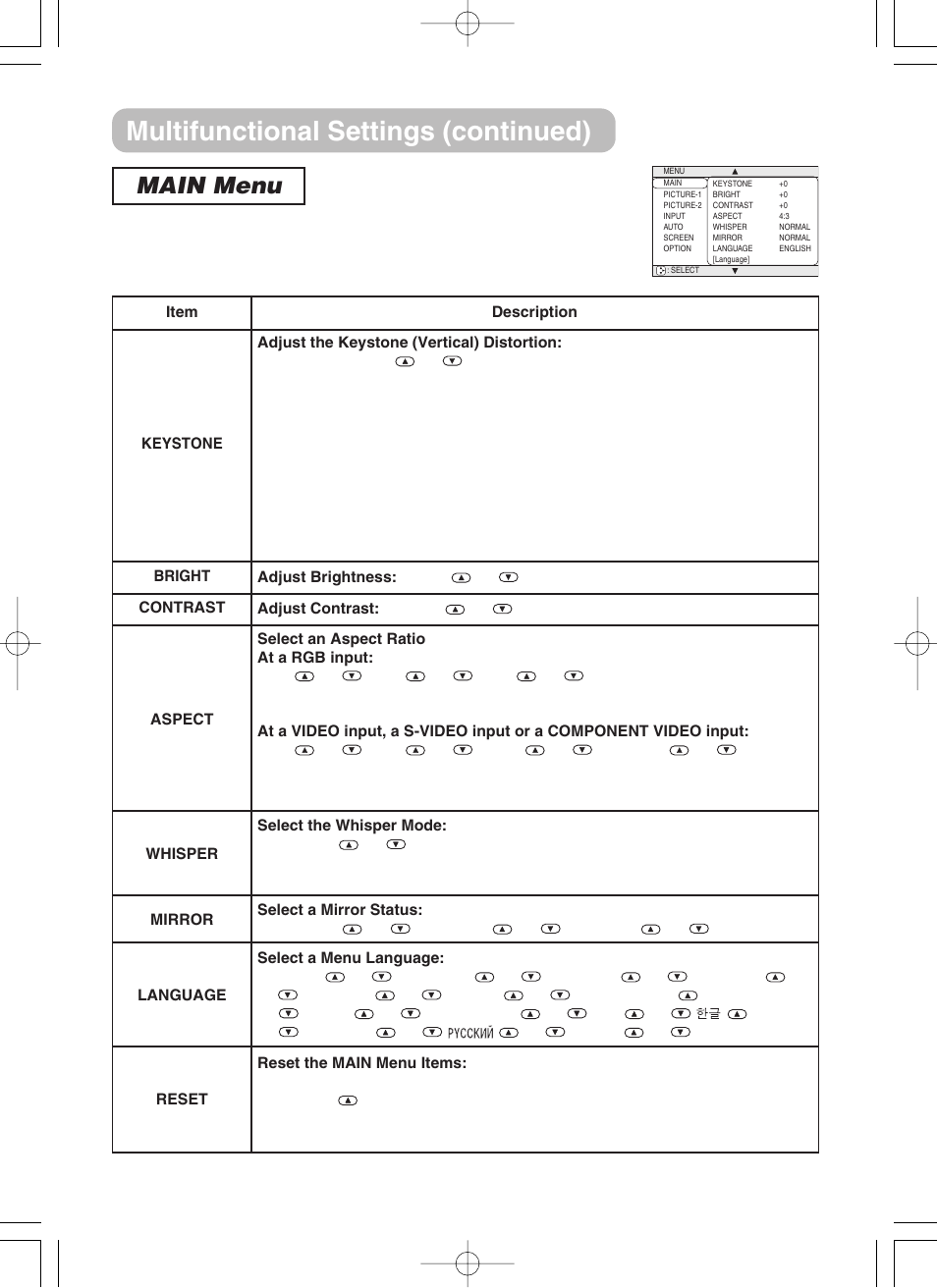Main menu, Multifunctional settings (continued) | 3M H10 User Manual | Page 23 / 45