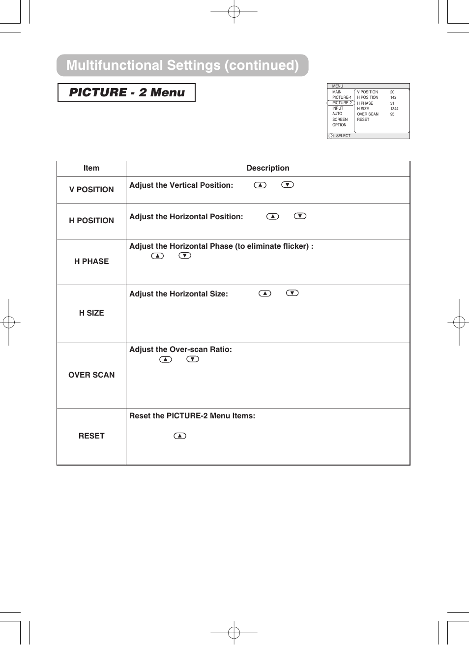 Picture-2 menu, Multifunctional settings (continued), Picture - 2 menu | 3M H10 User Manual | Page 26 / 45