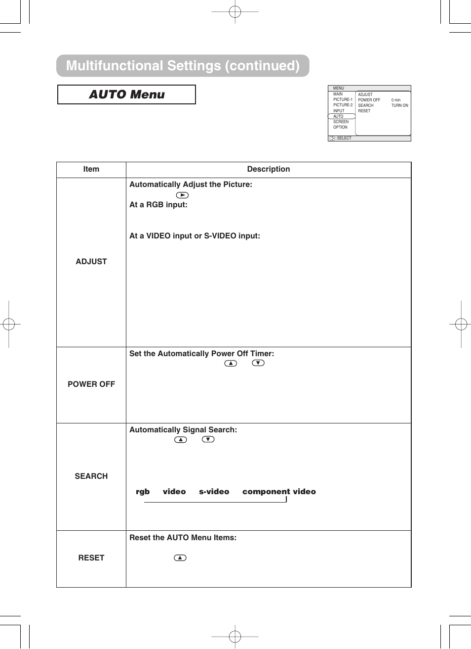 Auto menu, Multifunctional settings (continued) | 3M H10 User Manual | Page 29 / 45