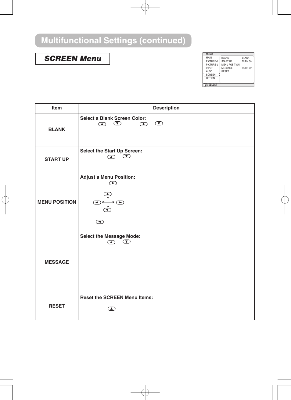 Screen menu, Multifunctional settings (continued) | 3M H10 User Manual | Page 30 / 45