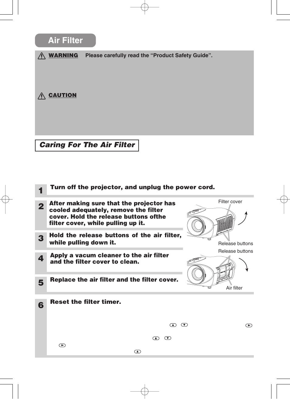Air filter, Caring for the air filter | 3M H10 User Manual | Page 34 / 45