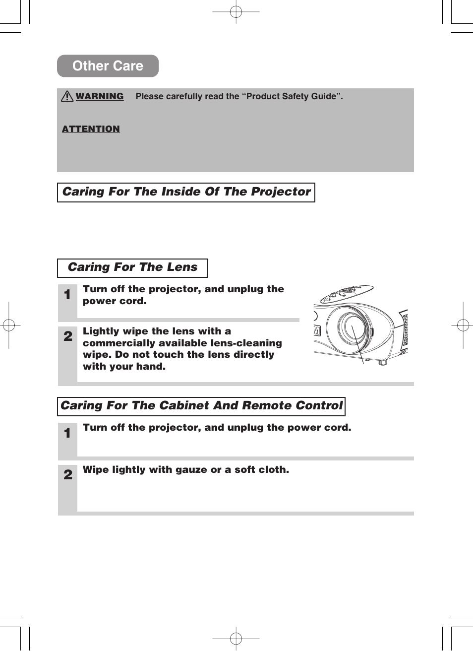 Other care, Caring for the inside of the projector, Caring for the lens | Caring for the cabinet and remote control | 3M H10 User Manual | Page 36 / 45