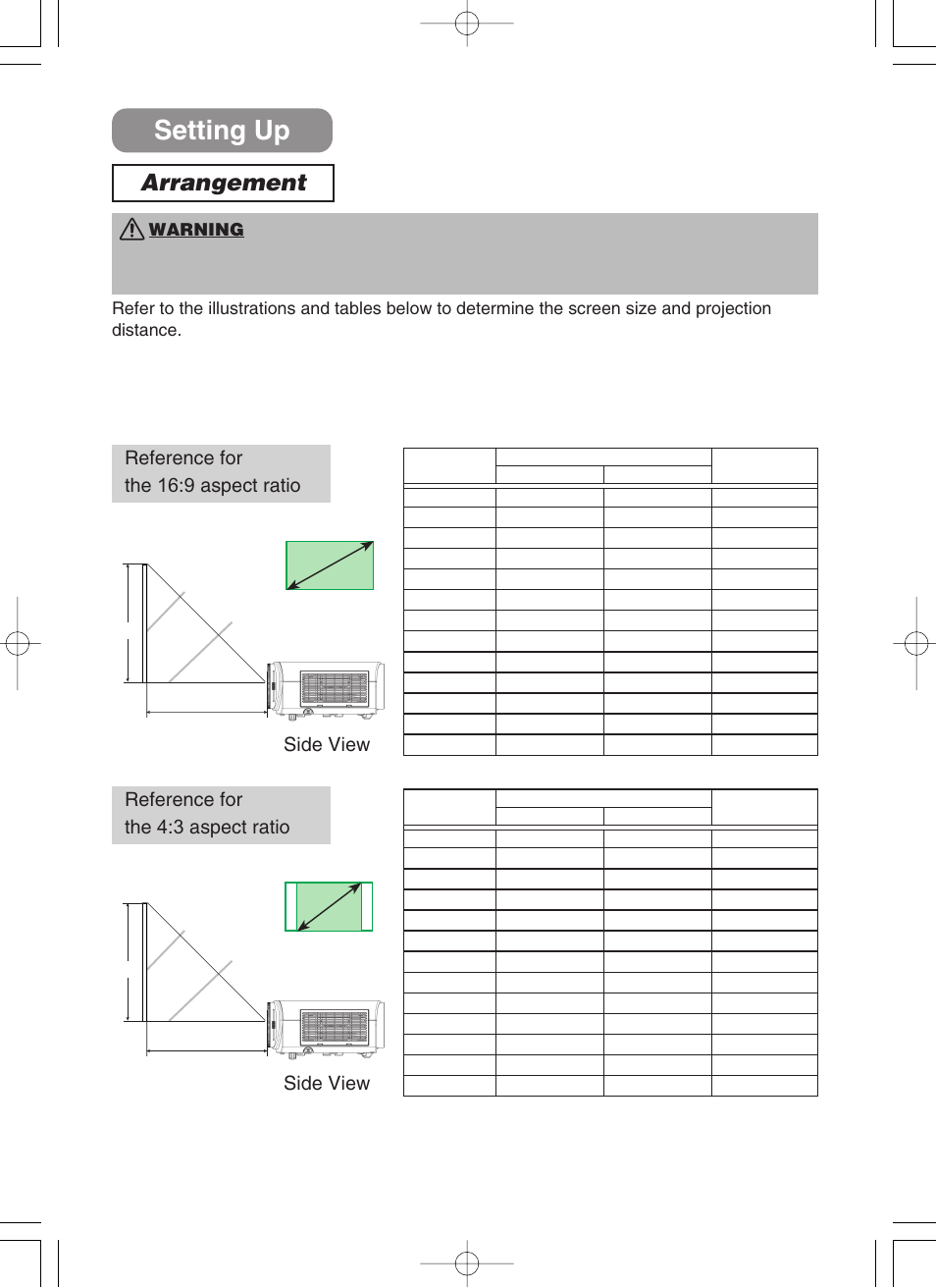 Setting up, Arrangement, Reference for the 16 : 9 aspect ratio | Reference for the 4 : 3 aspect ratio, Side view | 3M H10 User Manual | Page 7 / 45