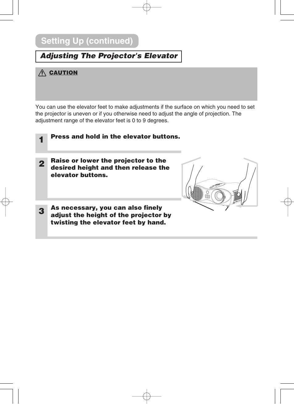 Adjusting the projector’s elevator, Elevator feet, Setting up (continued) | 3M H10 User Manual | Page 8 / 45
