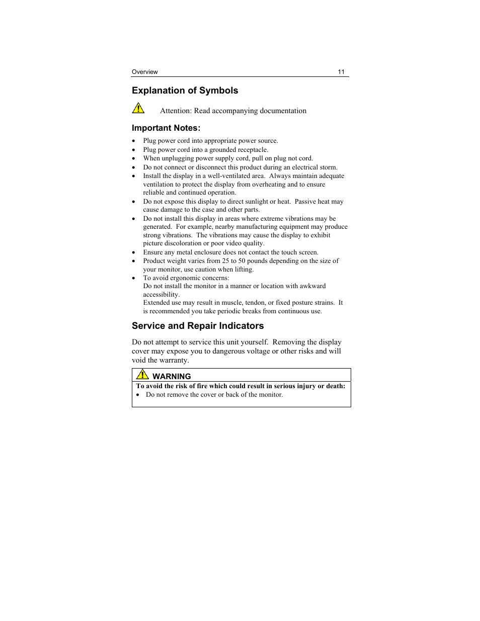 Explanation of symbols, Service and repair indicators | 3M Touch Monitor RS-232 User Manual | Page 10 / 30