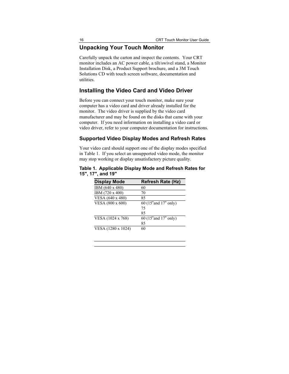 Unpacking your touch monitor, Installing the video card and video driver | 3M Touch Monitor RS-232 User Manual | Page 15 / 30