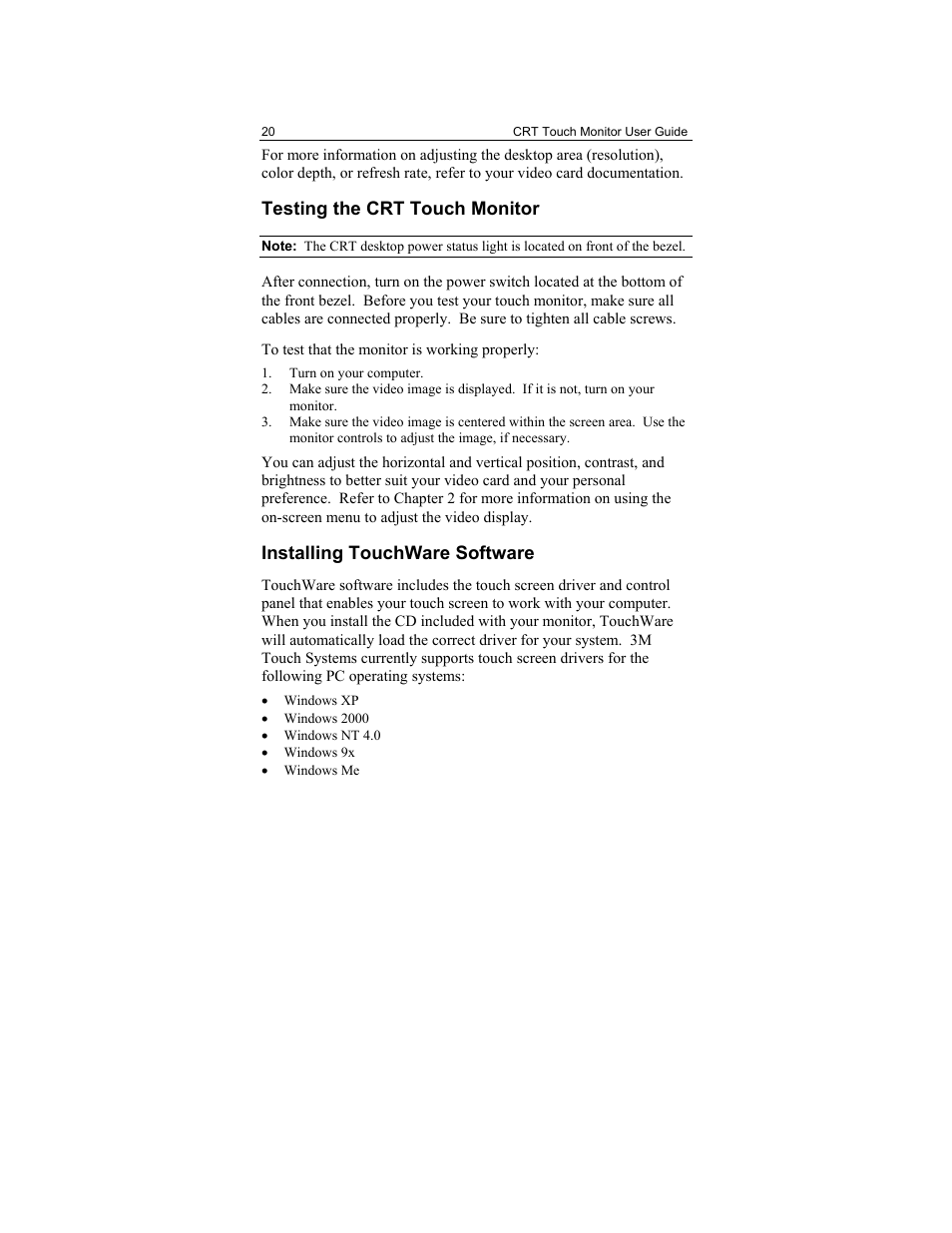 Testing the crt touch monitor, Installing touchware software | 3M Touch Monitor RS-232 User Manual | Page 19 / 30
