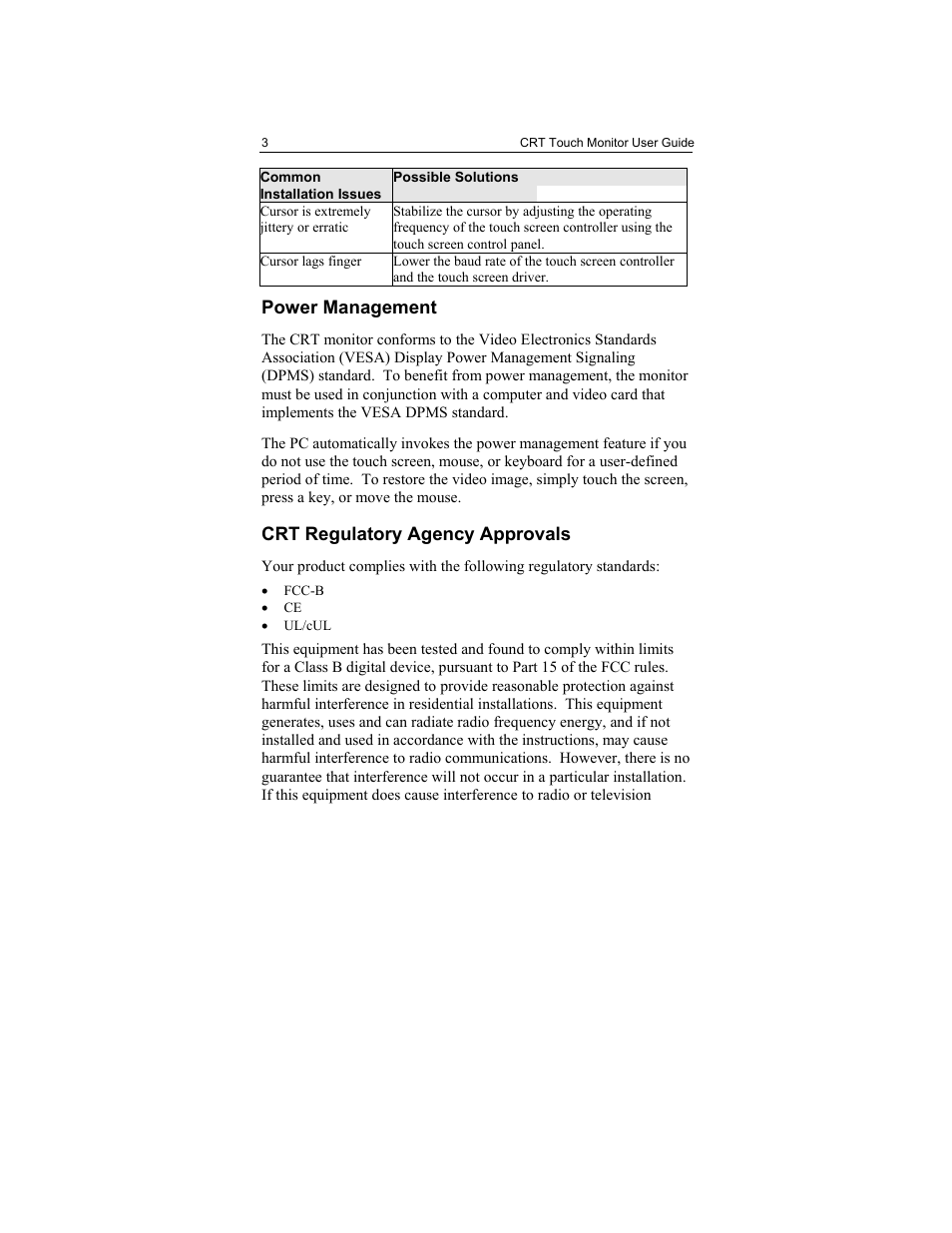 Troubleshooting the touch screen, Power management, Crt regulatory agency approvals | 3M Touch Monitor RS-232 User Manual | Page 29 / 30
