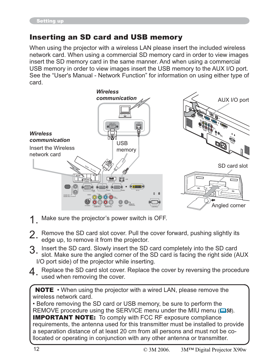 Make sure the projector’s power switch is off, Aux i/o port sd card slot angled corner, Setting up | 3M X90w User Manual | Page 12 / 73