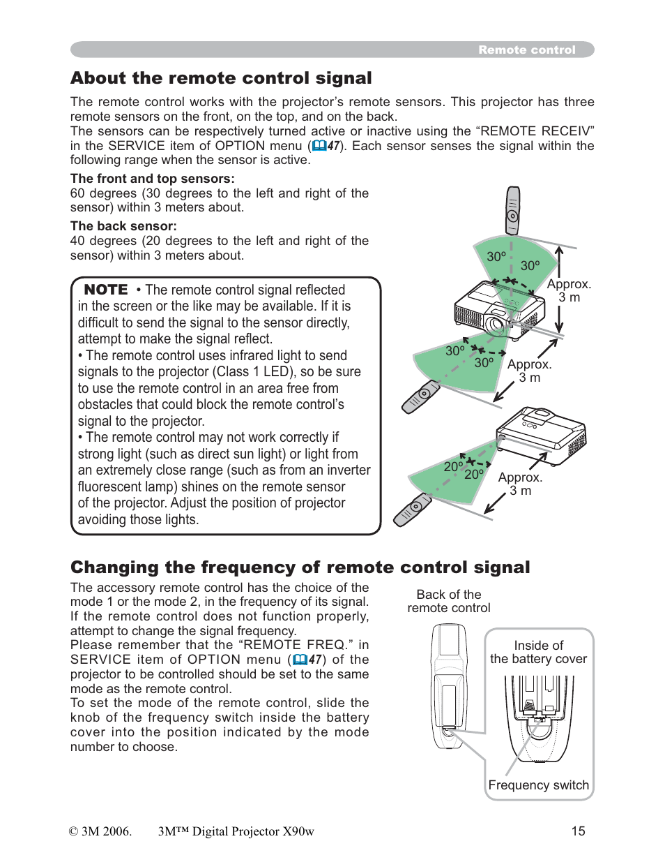 Changing the frequency of remote control signal, About the remote control signal | 3M X90w User Manual | Page 15 / 73