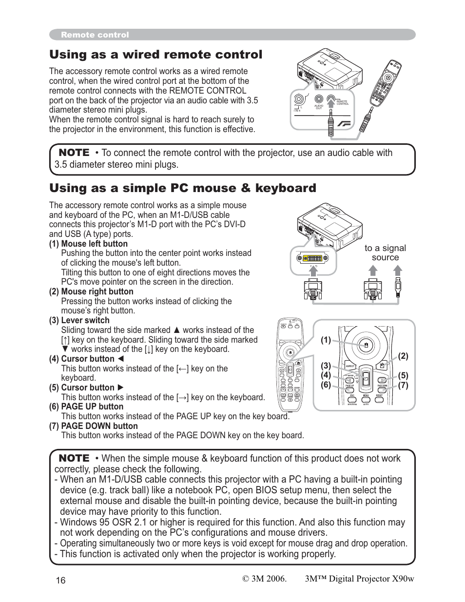 Using as a wired remote control, Using as a simple pc mouse & keyboard, Remote control | Push | 3M X90w User Manual | Page 16 / 73