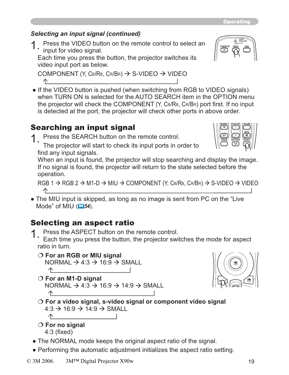 Searching an input signal, Selecting an aspect ratio | 3M X90w User Manual | Page 19 / 73