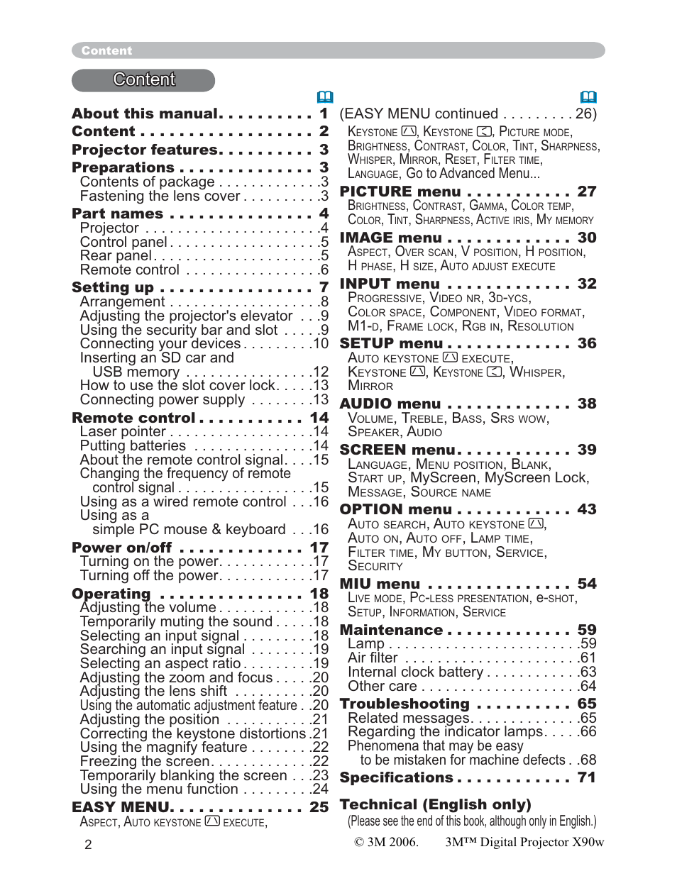 Content | 3M X90w User Manual | Page 2 / 73
