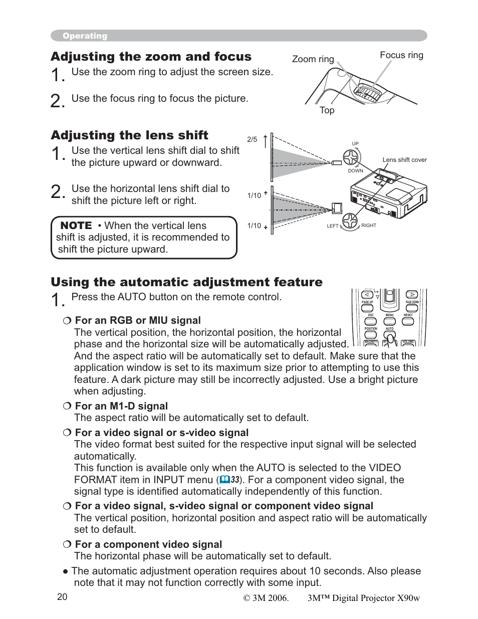 Adjusting the zoom and focus, Adjusting the lens shift, Using the automatic adjustment feature | 3M X90w User Manual | Page 20 / 73