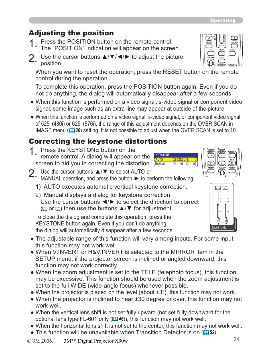 Adjusting the position, Correcting the keystone distortions | 3M X90w User Manual | Page 21 / 73