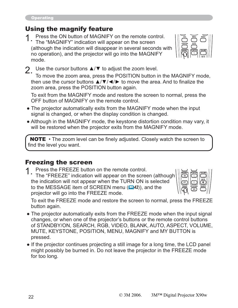 Using the magnify feature, Freezing the screen | 3M X90w User Manual | Page 22 / 73
