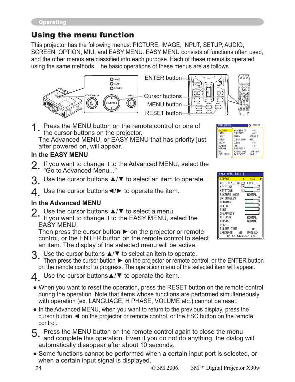 Using the menu function | 3M X90w User Manual | Page 24 / 73