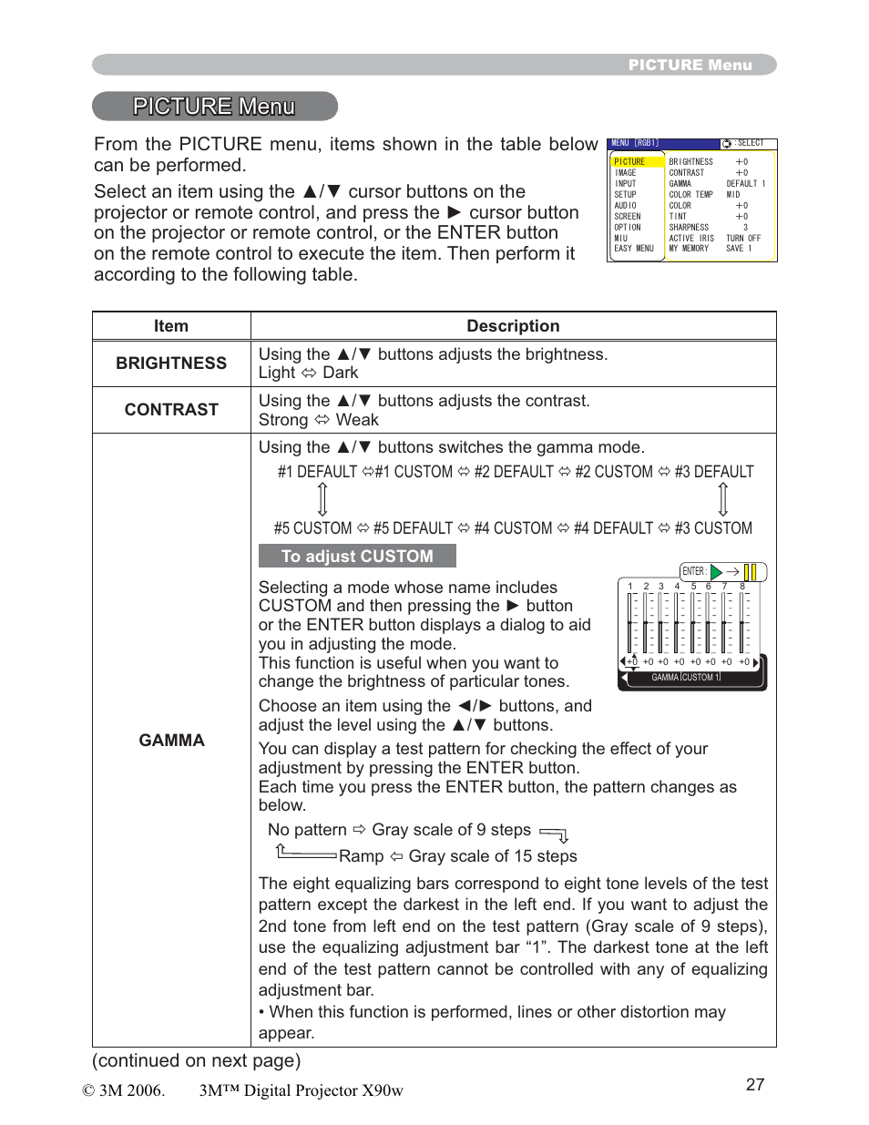 Picture menu, Continued on next page) | 3M X90w User Manual | Page 27 / 73