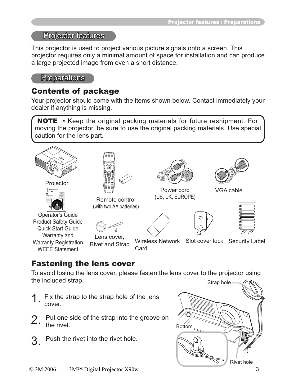 Fastening the lens cover, Projector features, Preparations contents of package | 3M X90w User Manual | Page 3 / 73