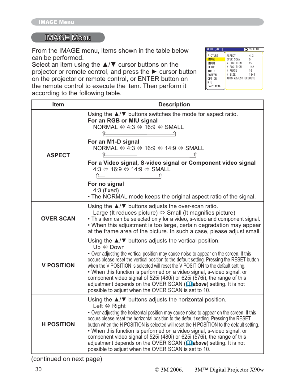 Image menu, Continued on next page) | 3M X90w User Manual | Page 30 / 73