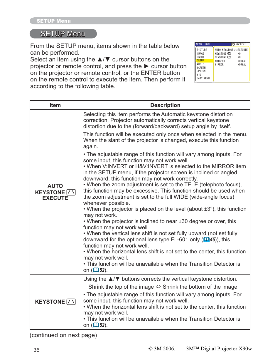 Setup menu, Continued on next page) | 3M X90w User Manual | Page 36 / 73