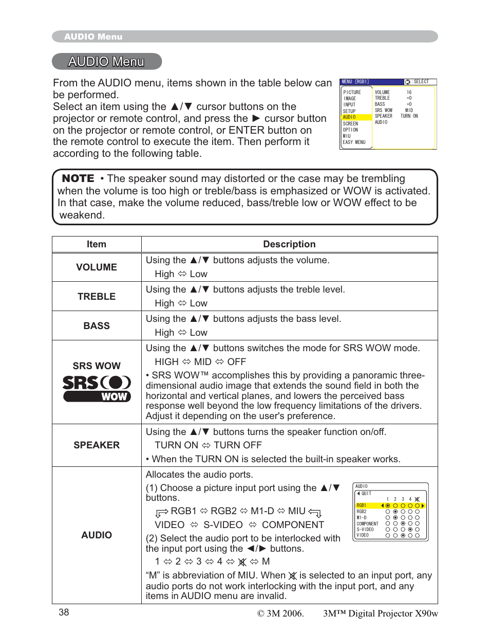 Audio menu | 3M X90w User Manual | Page 38 / 73