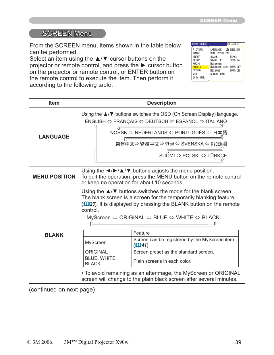 Screen menu, Continued on next page) | 3M X90w User Manual | Page 39 / 73