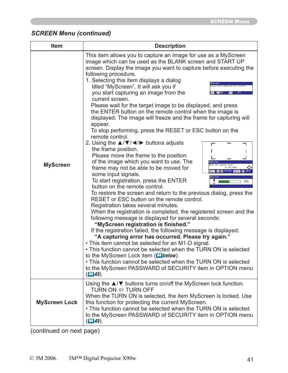 Screen menu (continued), Continued on next page) | 3M X90w User Manual | Page 41 / 73