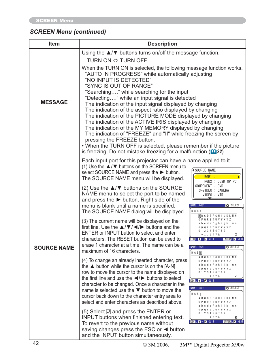 Screen menu (continued) | 3M X90w User Manual | Page 42 / 73