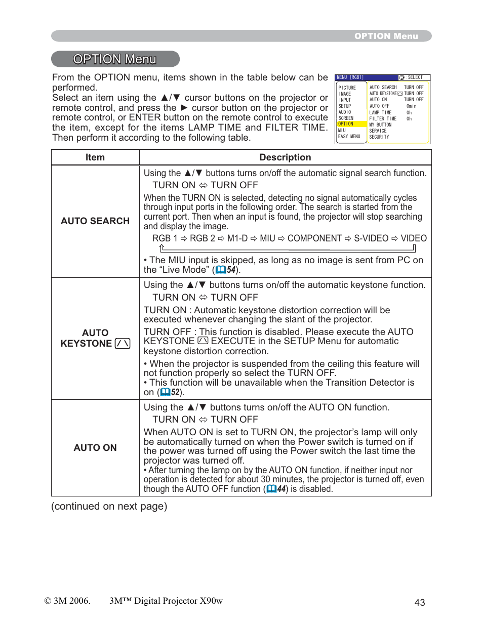 Option menu, Continued on next page) | 3M X90w User Manual | Page 43 / 73