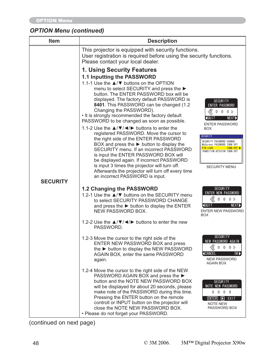 Using security features, Option menu (continued), Continued on next page) | 3M X90w User Manual | Page 48 / 73